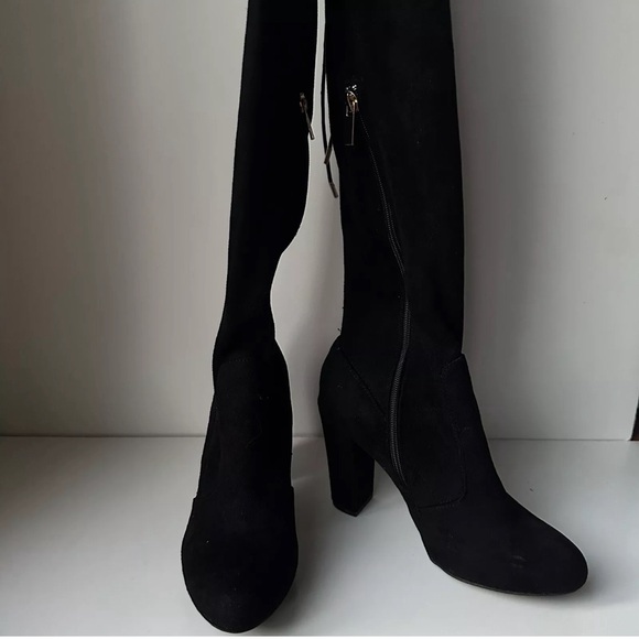 Bamboo Women Black Over Knee Heeled Boots block Heels With Straps Size 9 Zipper - Picture 2 of 10